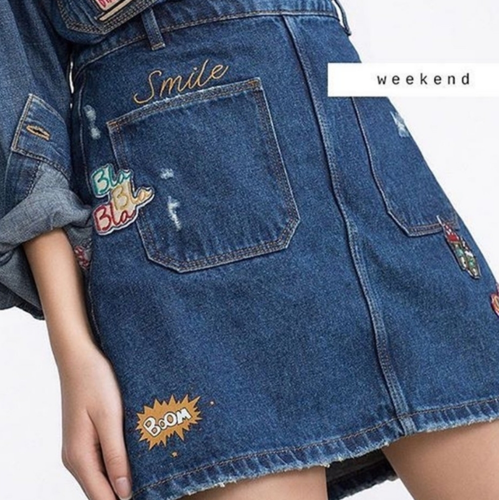Zara embroidered and patch denim skirt